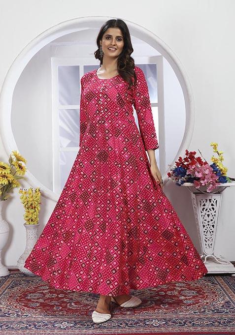 Pink Floral Print Rayon Kurta With Dupatta