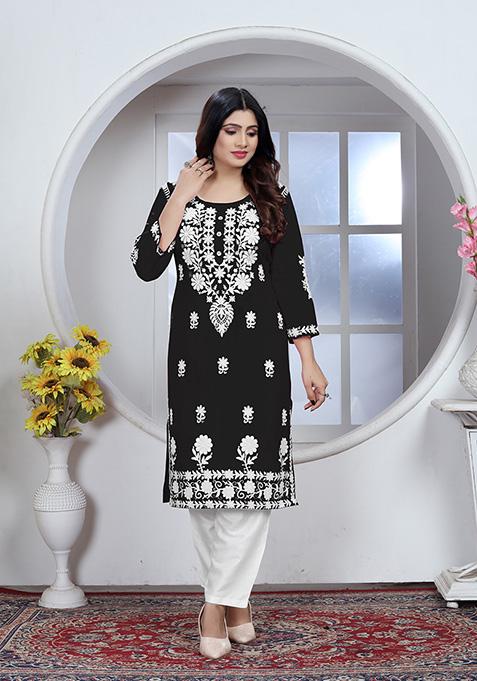 Black Resham Embroidered Rayon Kurta Set