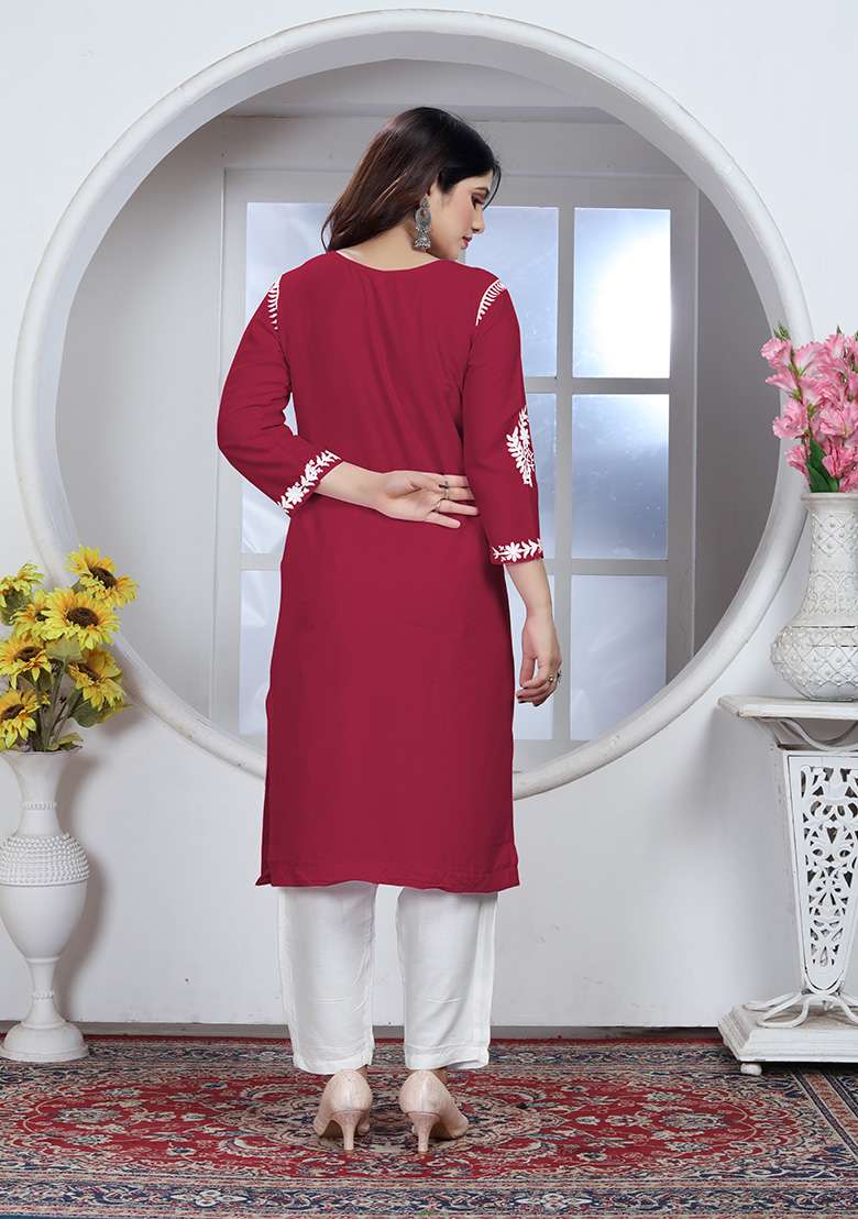 Maroon Resham Embroidered Rayon Kurta Set - Indya