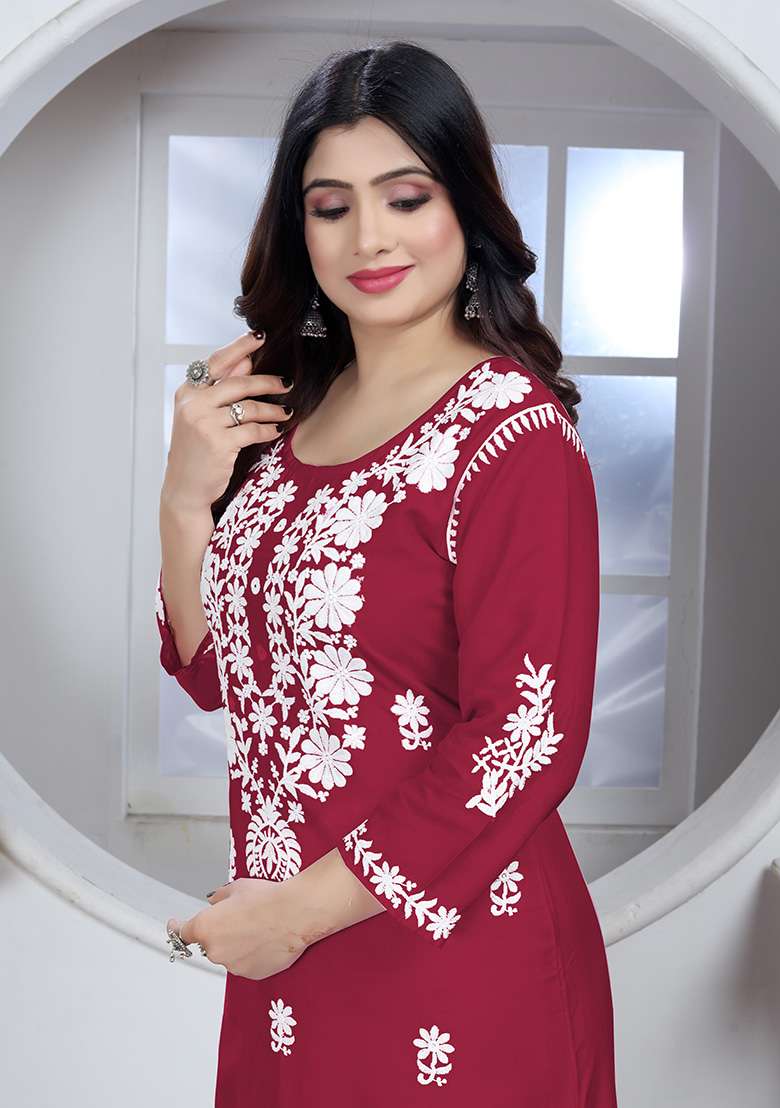 Maroon Resham Embroidered Rayon Kurta Set - Indya