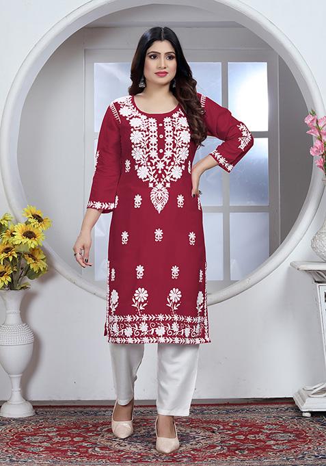 Maroon Resham Embroidered Rayon Kurta Set