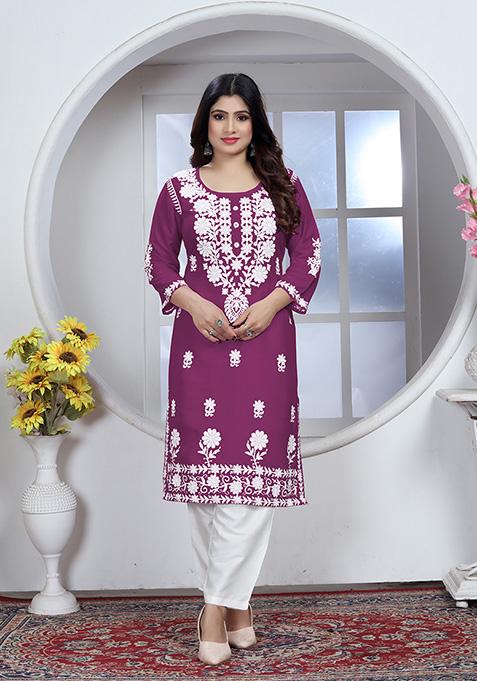 Pink Resham Embroidered Rayon Kurta Set