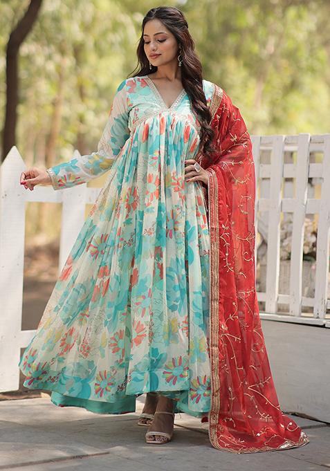 Sky Blue Floral Print Art Silk Gown With Dupatta