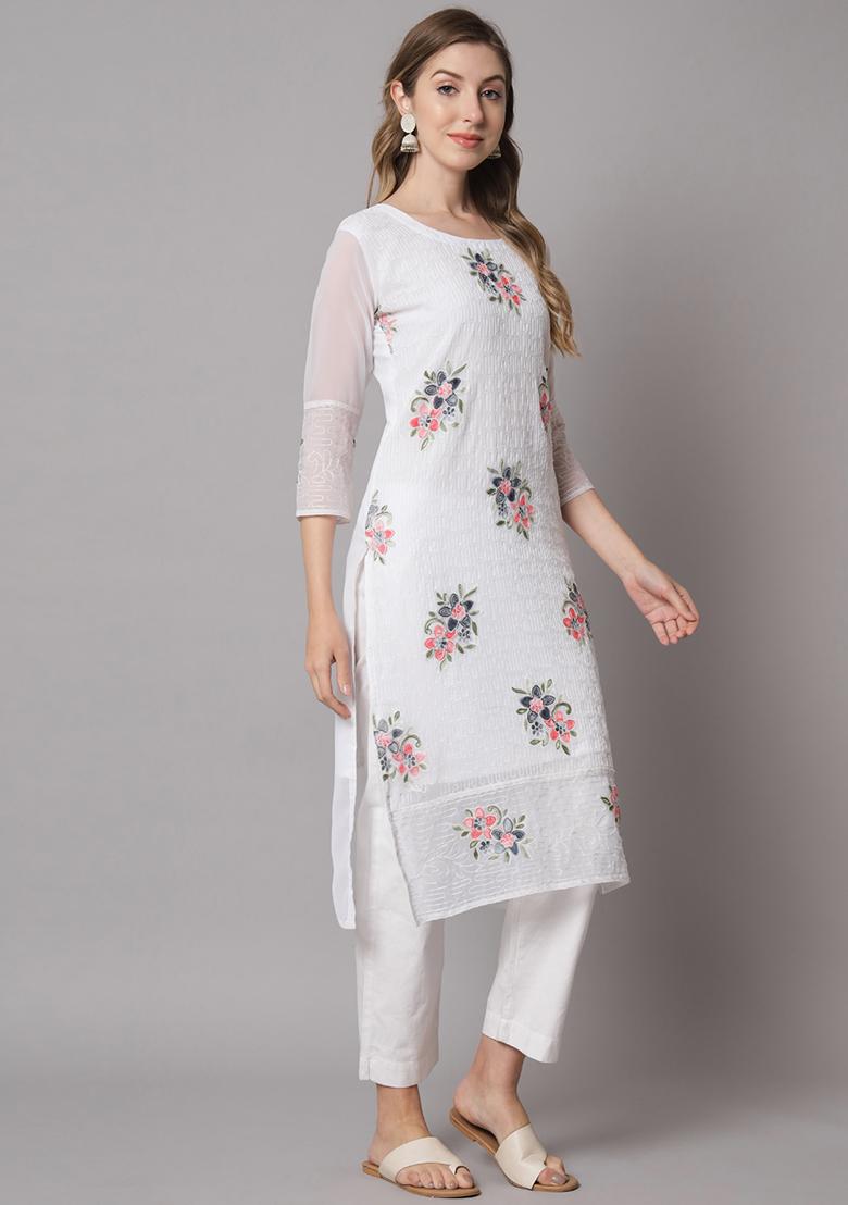 White Resham Embroidered Georgette Kurta