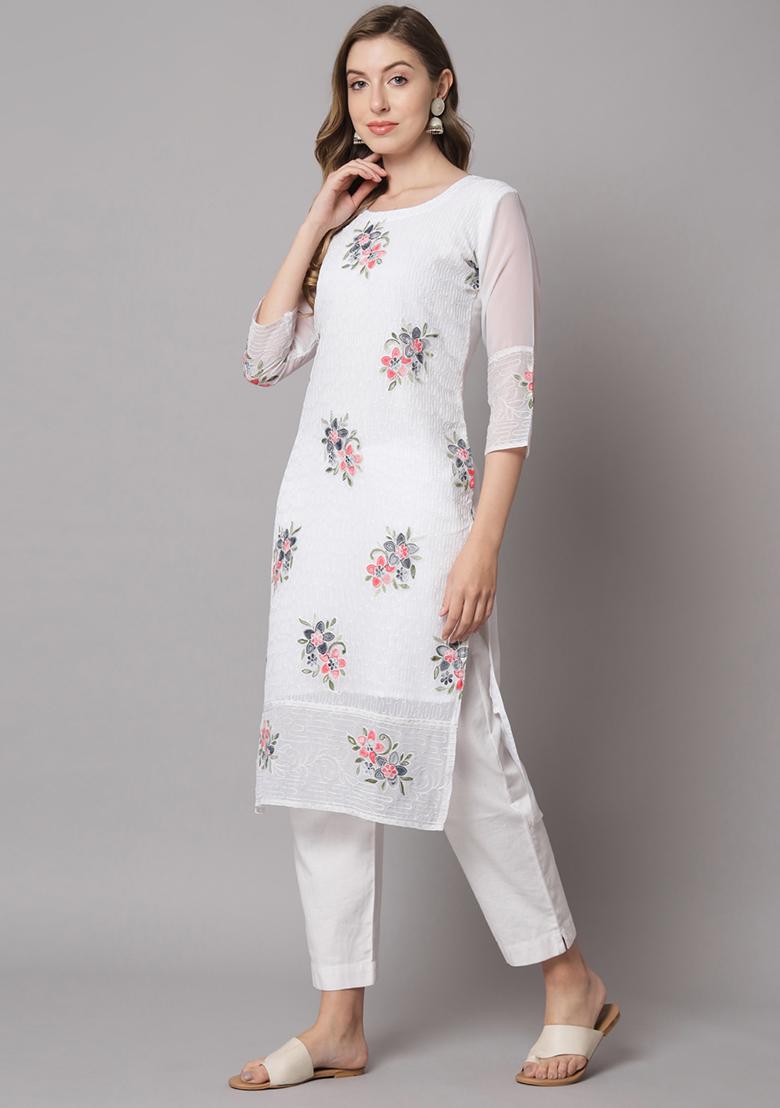 White Resham Embroidered Georgette Kurta