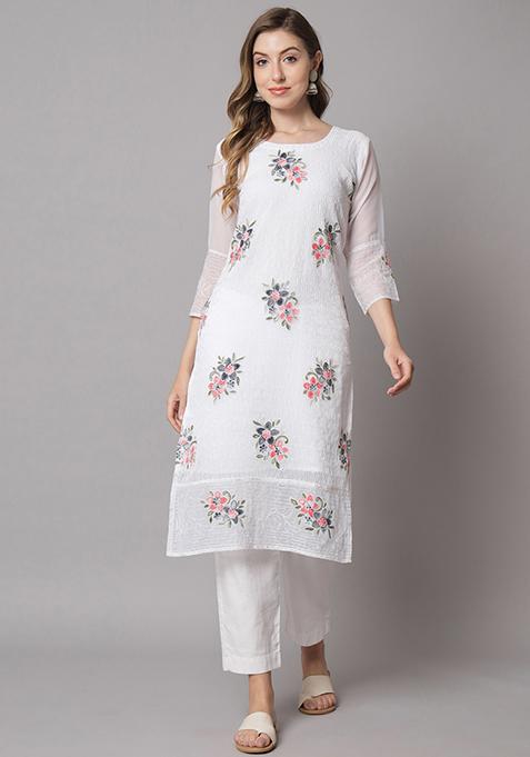 White Resham Embroidered Georgette Kurta