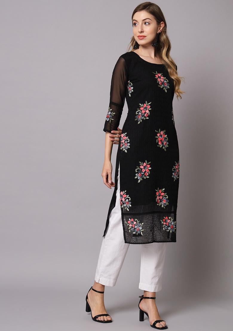 Black Resham Embroidered Georgette Kurta - Indya