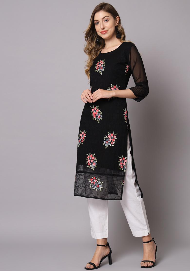 Black Resham Embroidered Georgette Kurta - Indya