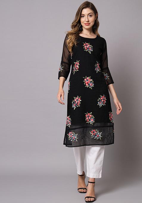 Black Resham Embroidered Georgette Kurta