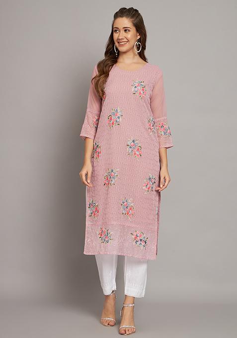 Pink Resham Embroidered Georgette Kurta