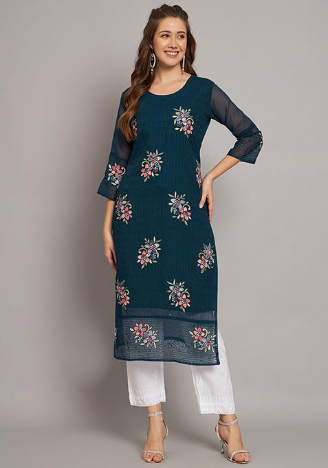 Teal Blue Resham Embroidered Georgette Kurta