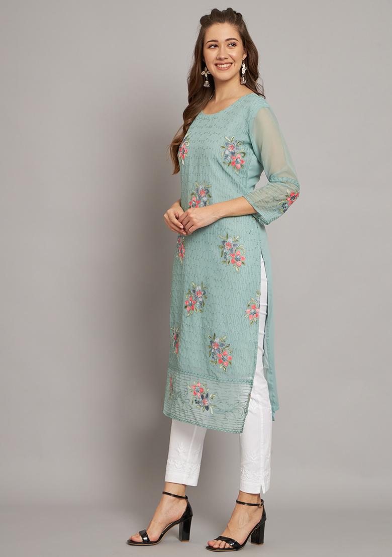 Grey Resham Embroidered Georgette Kurta - Indya