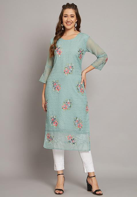 Grey Resham Embroidered Georgette Kurta