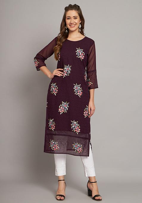 Wine Resham Embroidered Georgette Kurta