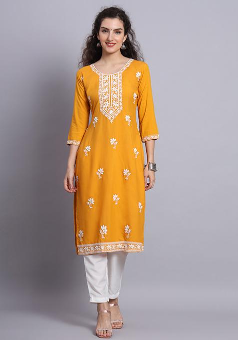 Yellow Resham Embroidered Rayon Kurta