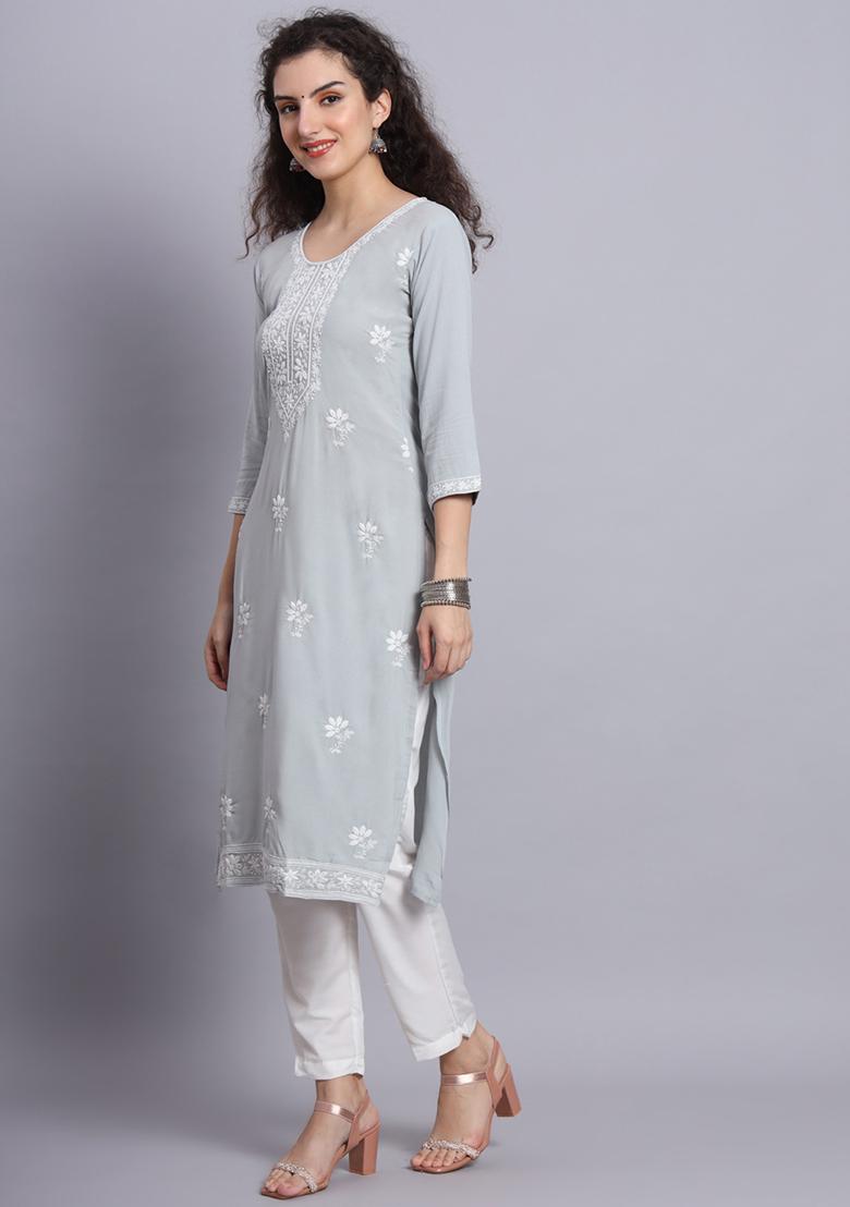 Grey Resham Embroidered Rayon Kurta - Indya