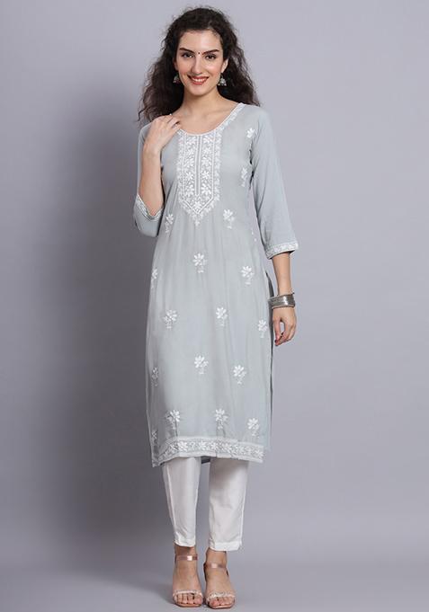 Grey Resham Embroidered Rayon Kurta