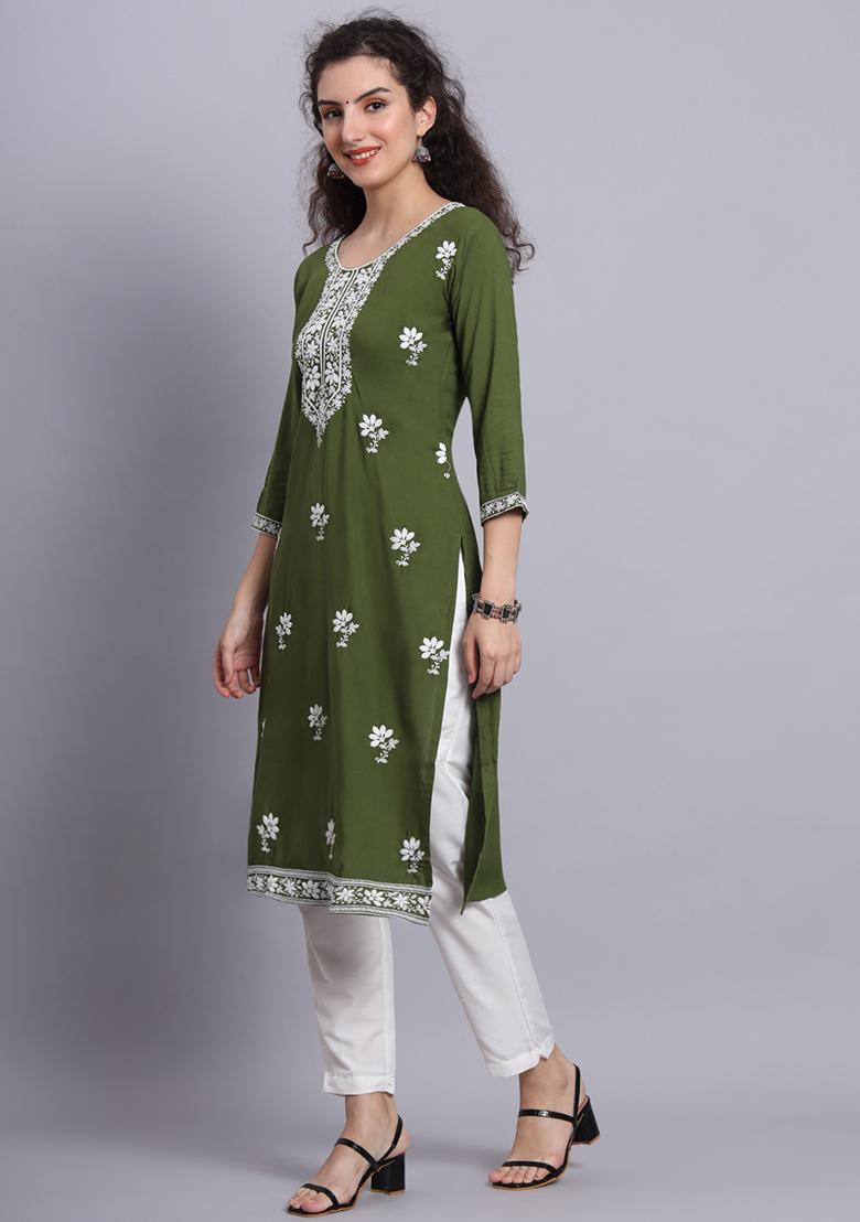 Green Resham Embroidered Rayon Kurta - Indya