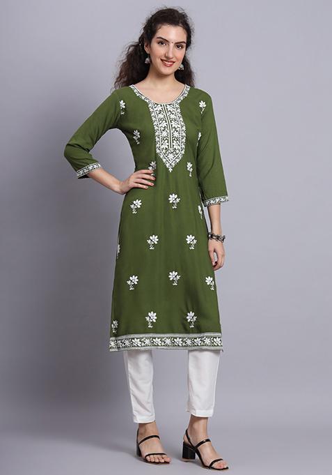 Green Resham Embroidered Rayon Kurta