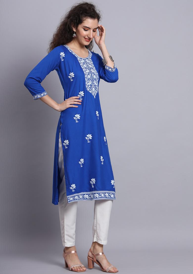 Blue Resham Embroidered Rayon Kurta - Indya