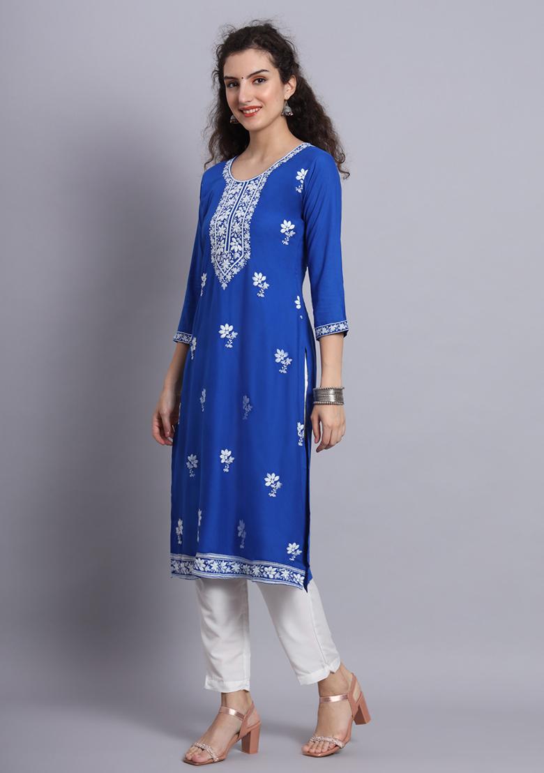 Blue Resham Embroidered Rayon Kurta - Indya