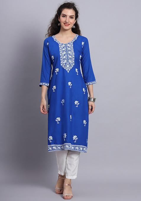 Blue Resham Embroidered Rayon Kurta