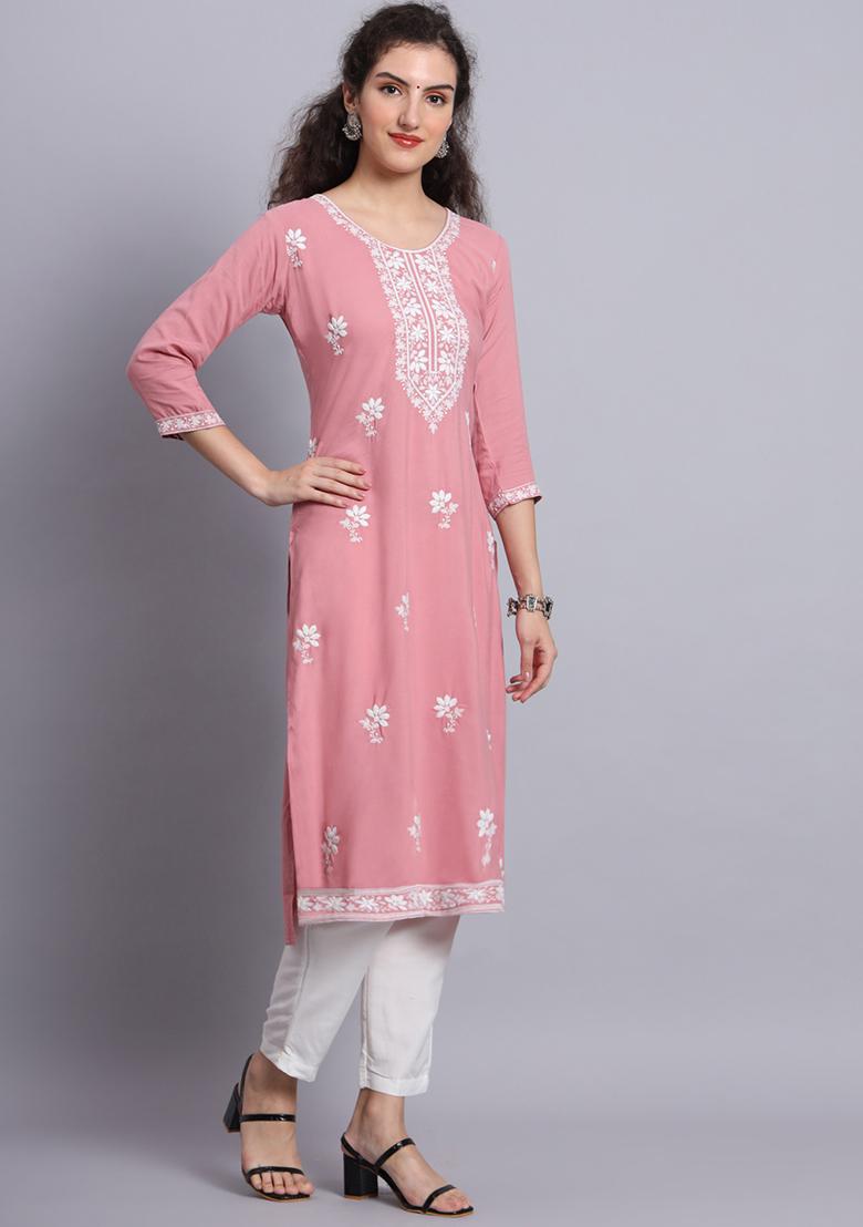 Pink Resham Embroidered Rayon Kurta