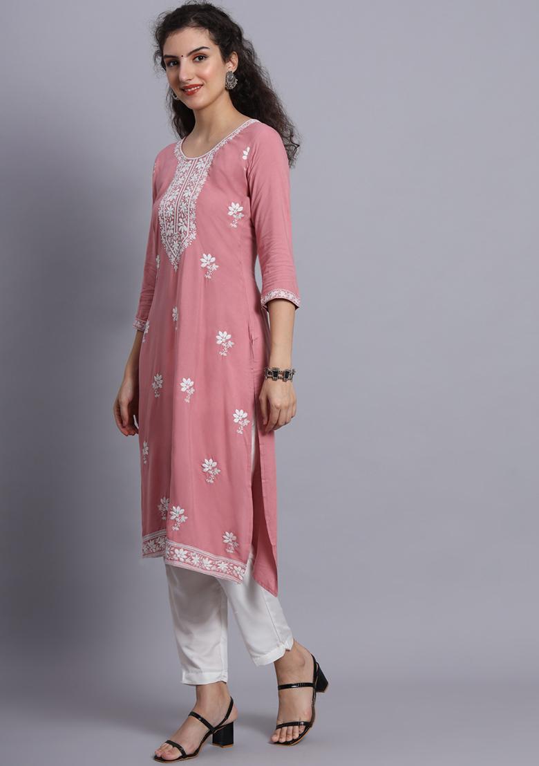 Pink Resham Embroidered Rayon Kurta