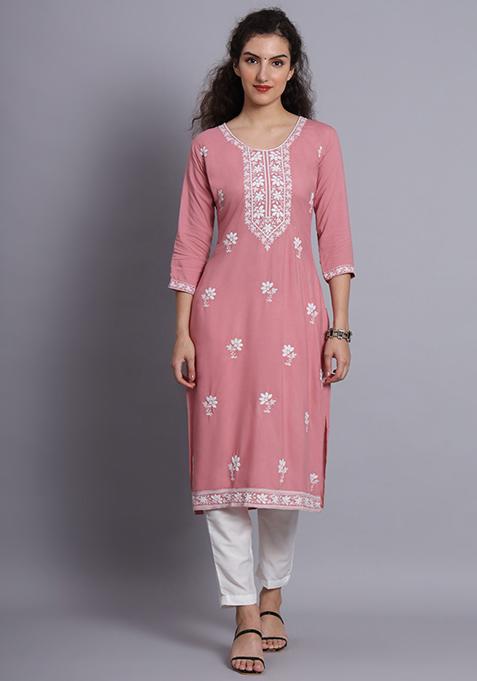 Pink Resham Embroidered Rayon Kurta