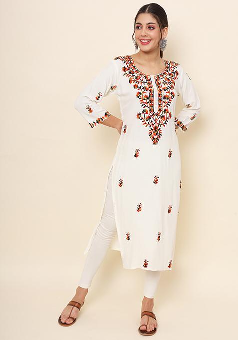 White Resham Embroidered Rayon Kurta