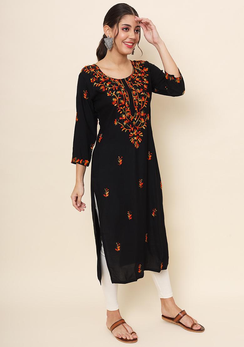 Black Resham Embroidered Rayon Kurta