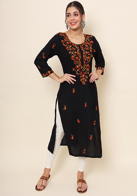 Black Resham Embroidered Rayon Kurta