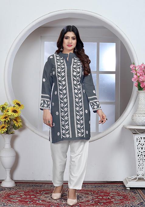 Grey Resham Embroidered Rayon Kurta