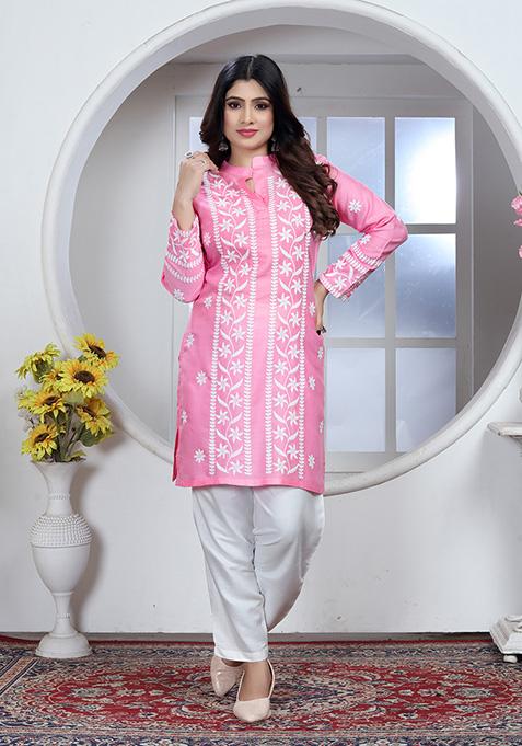 Pink Resham Embroidered Rayon Kurta