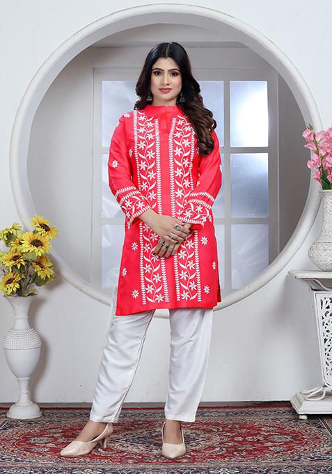 Red Resham Embroidered Rayon Kurta