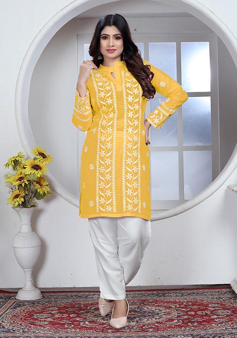 Yellow Resham Embroidered Rayon Kurta