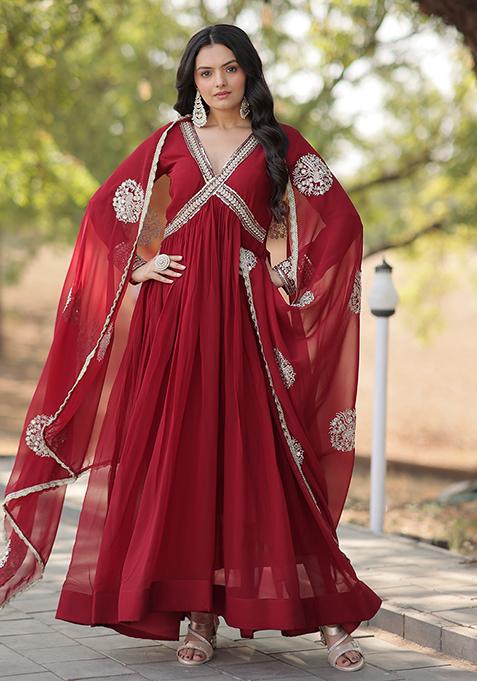 Maroon Zari Embroidered Georgette Gown With Dupatta