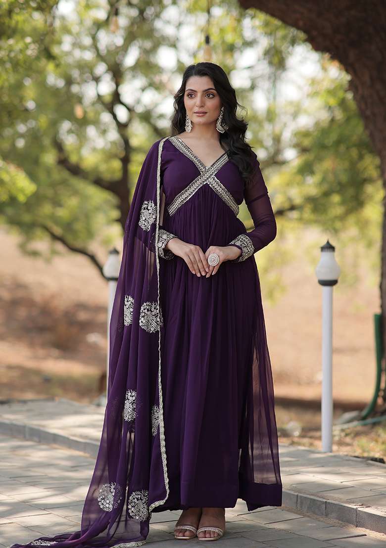 Purple Zari Embroidered Georgette Gown With Dupatta - Indya