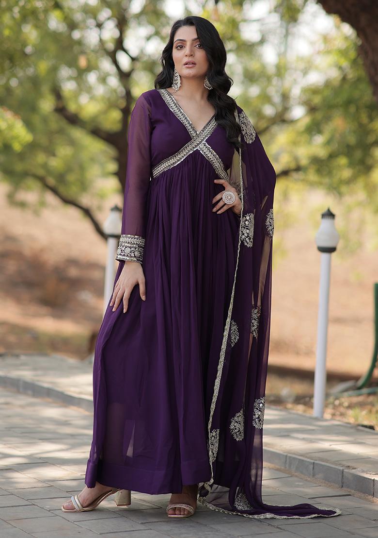 Purple Zari Embroidered Georgette Gown With Dupatta