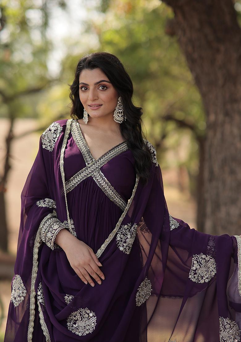 Purple Zari Embroidered Georgette Gown With Dupatta