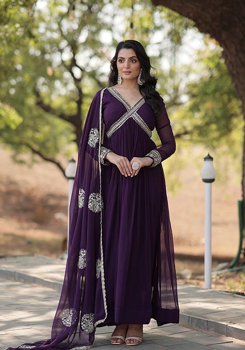 Purple Zari Embroidered Georgette Gown With Dupatta