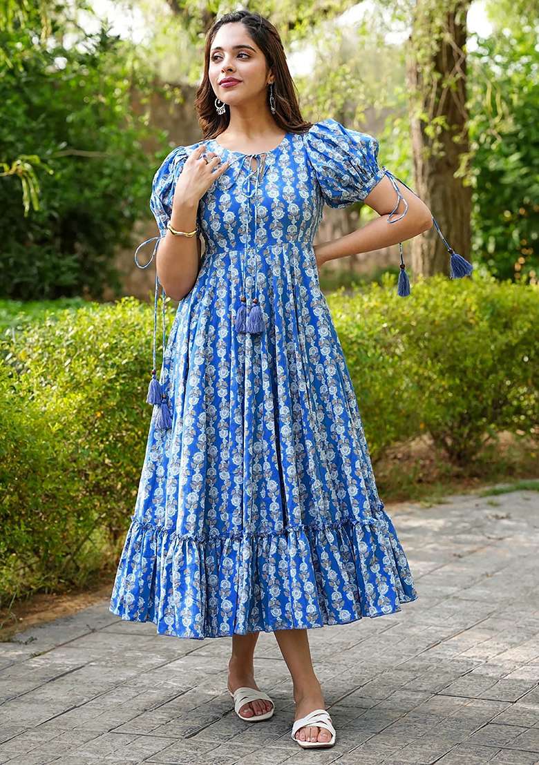 Blue Printed Rayon Kurta - Indya