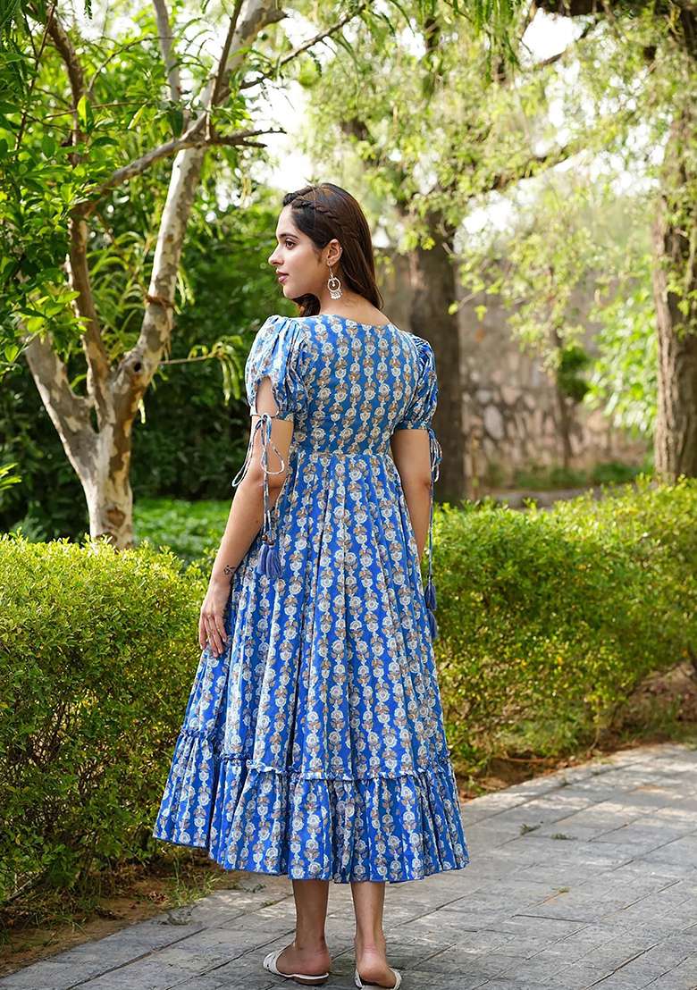 Blue Printed Rayon Kurta - Indya