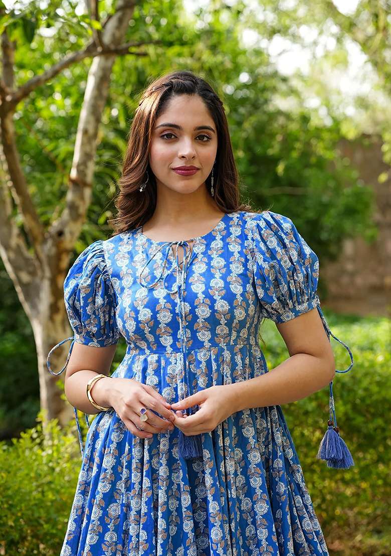 Blue Printed Rayon Kurta - Indya