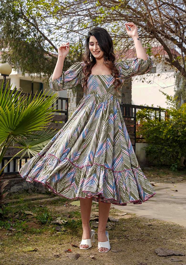 Green Printed Rayon Gown - Indya