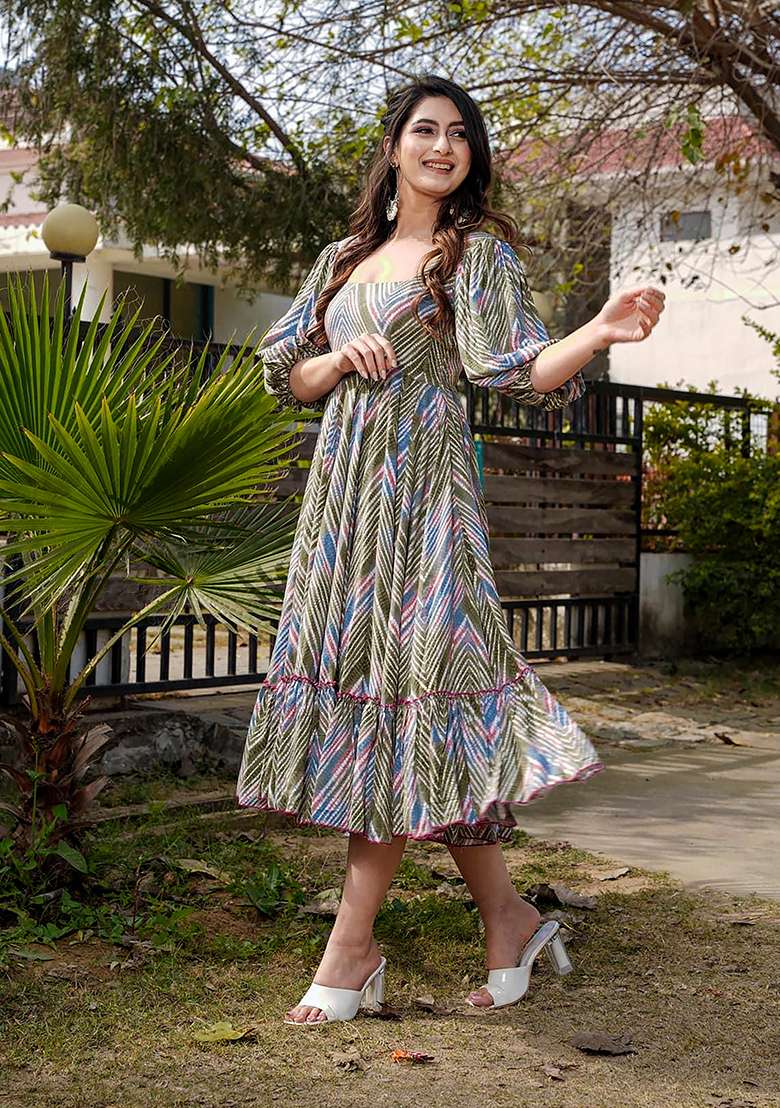 Green Printed Rayon Gown - Indya