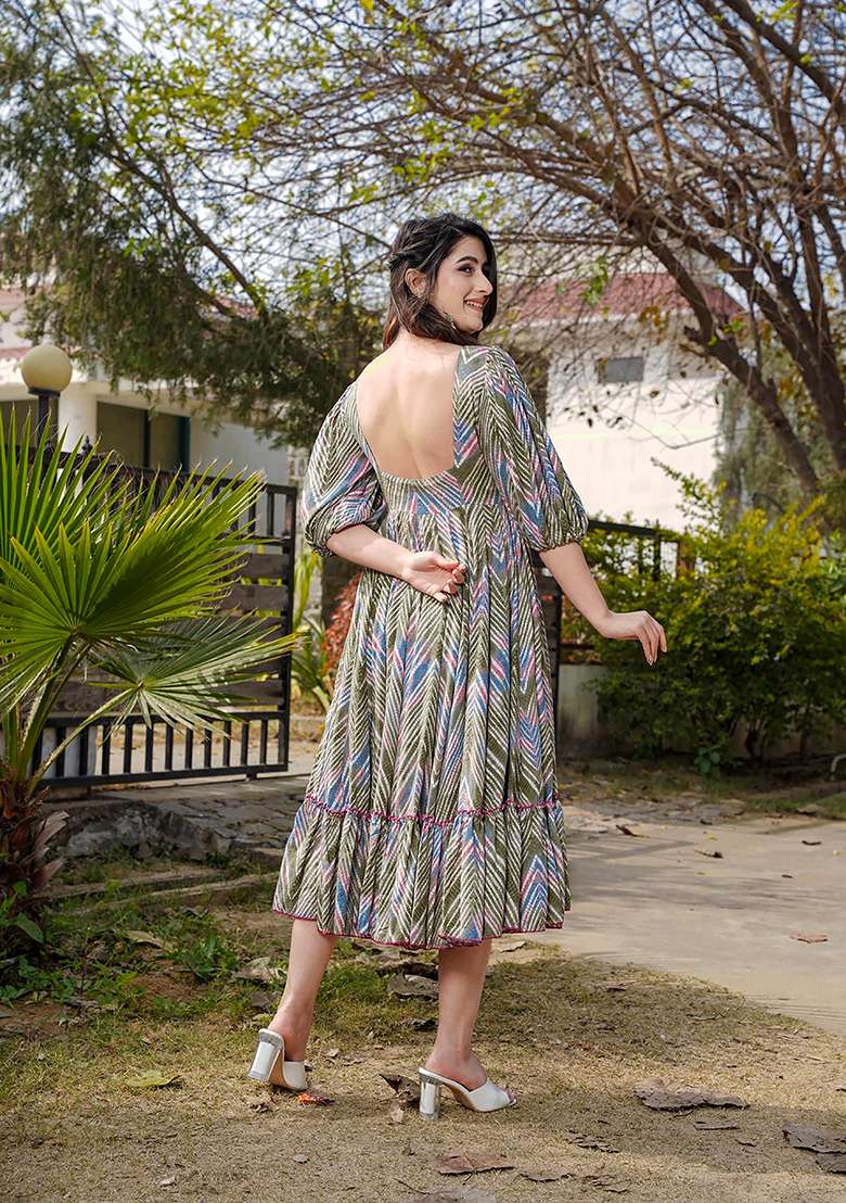 Green Printed Rayon Gown - Indya