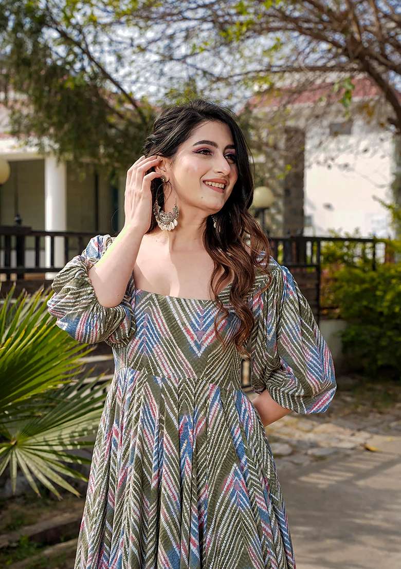 Green Printed Rayon Gown - Indya