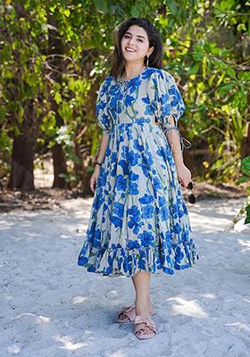Blue Floral Print Rayon Kurta