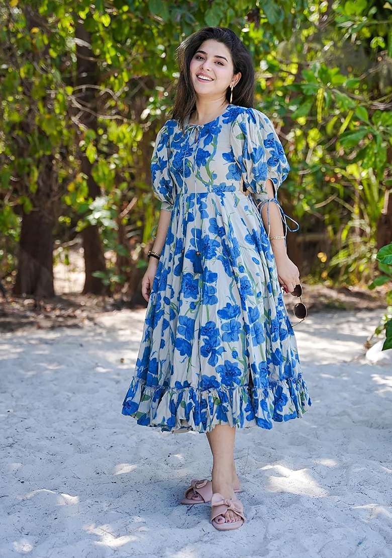 Blue Floral Print Rayon Gown - Indya
